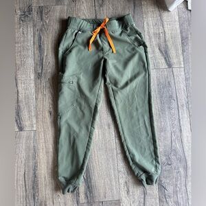 FIGS Olive Green Jogger Scrub Pants with Orange Drawstring